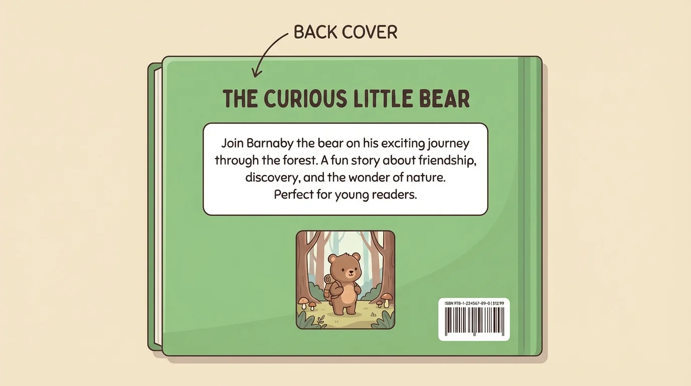 same child's book turned around to show the back cover with a short description box and small picture