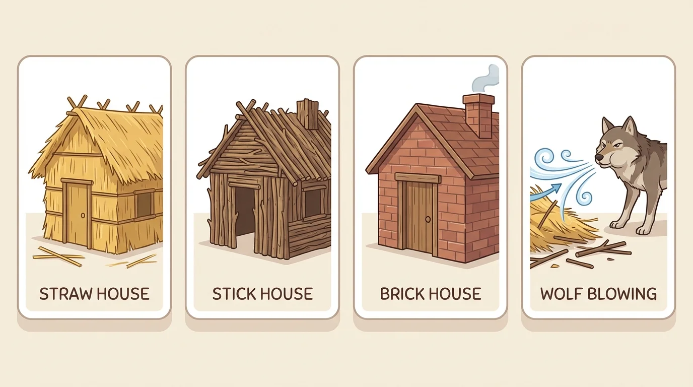 four picture cards from The Three Little Pigs showing straw house, stick house, brick house, and wolf blowing