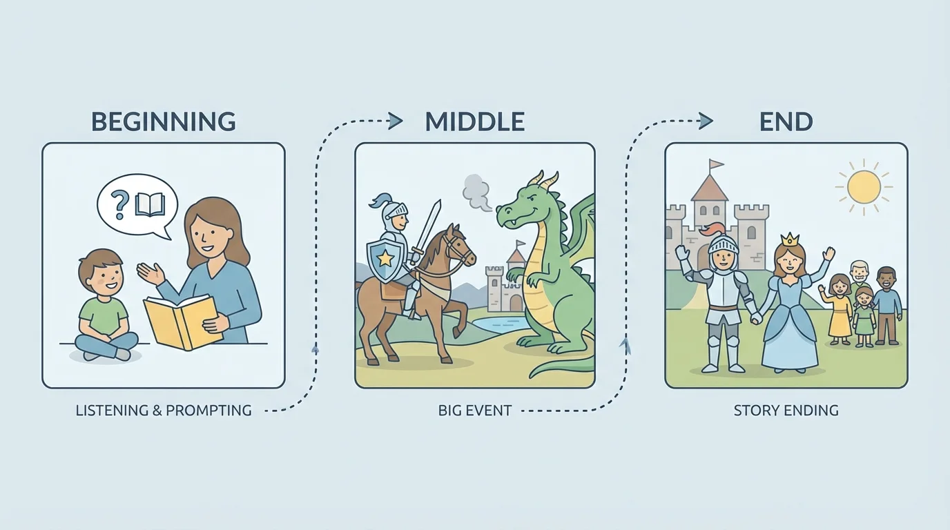 three-panel story path labeled beginning, middle, end with a child hearing a story, a big event, and the ending