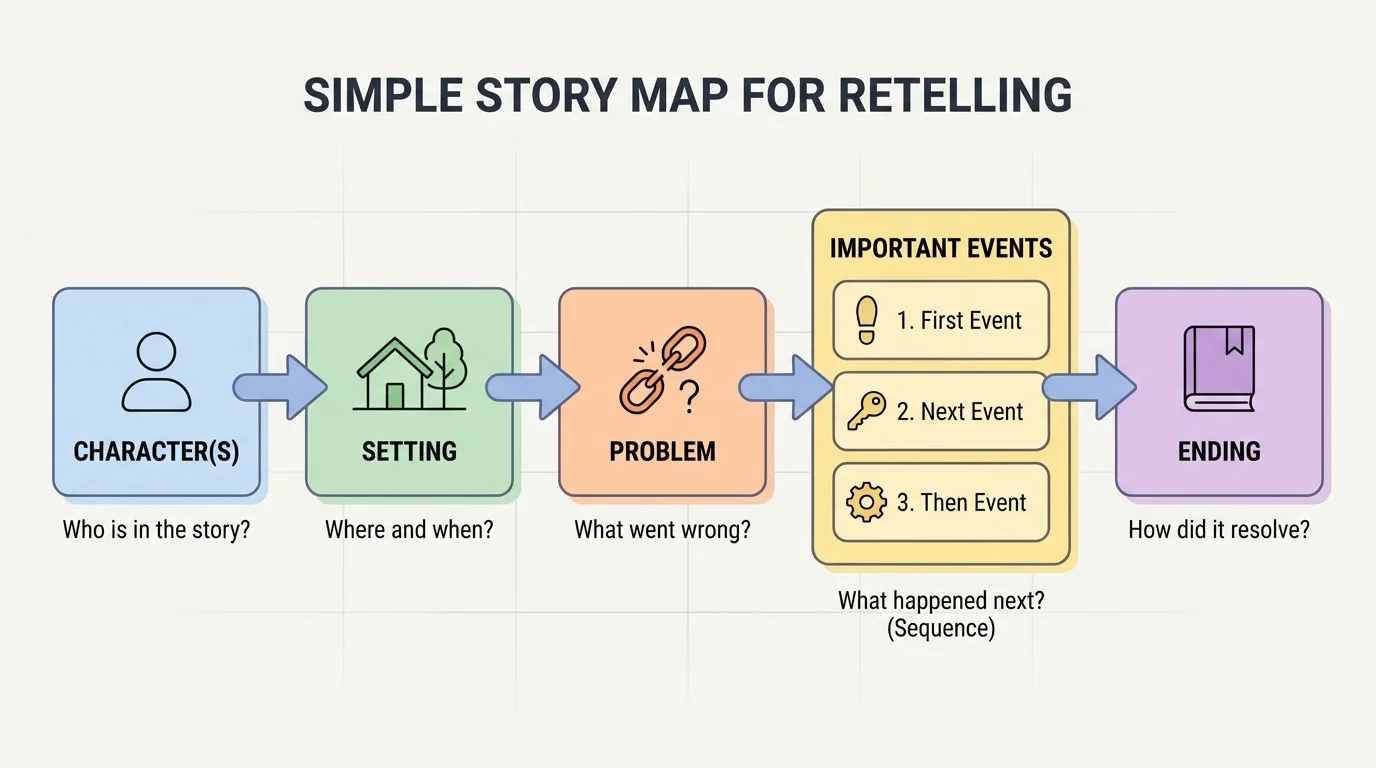 simple story map with boxes for character, setting, problem, important events, and ending