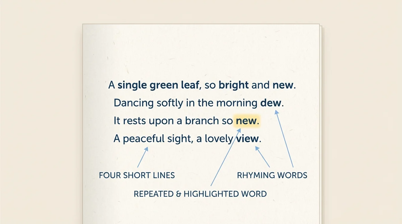 Simple poem page with four short lines, two rhyming line endings, and one repeated word highlighted