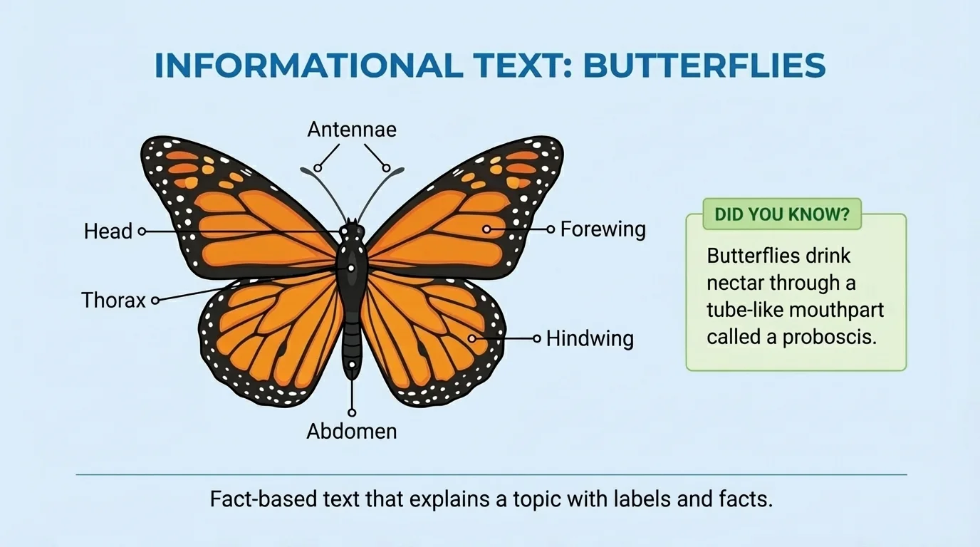 Informational text page about butterflies with a heading, labeled picture, and small fact box