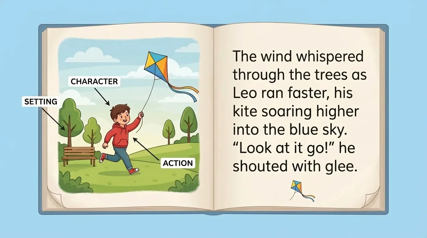 Storybook page with a child flying a kite in a park, labeled character, setting, and action
