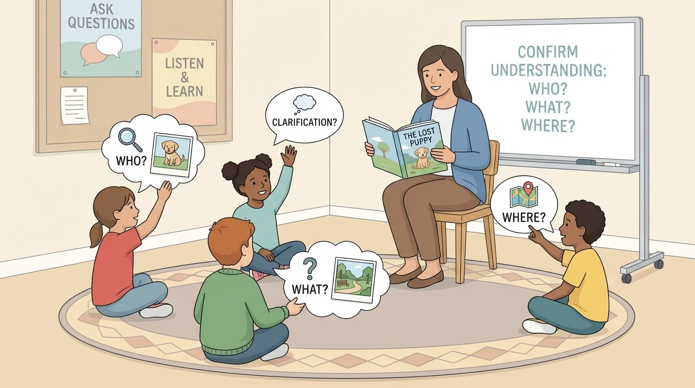 teacher reading a story to children on a rug while children ask who, what, and where questions about the story