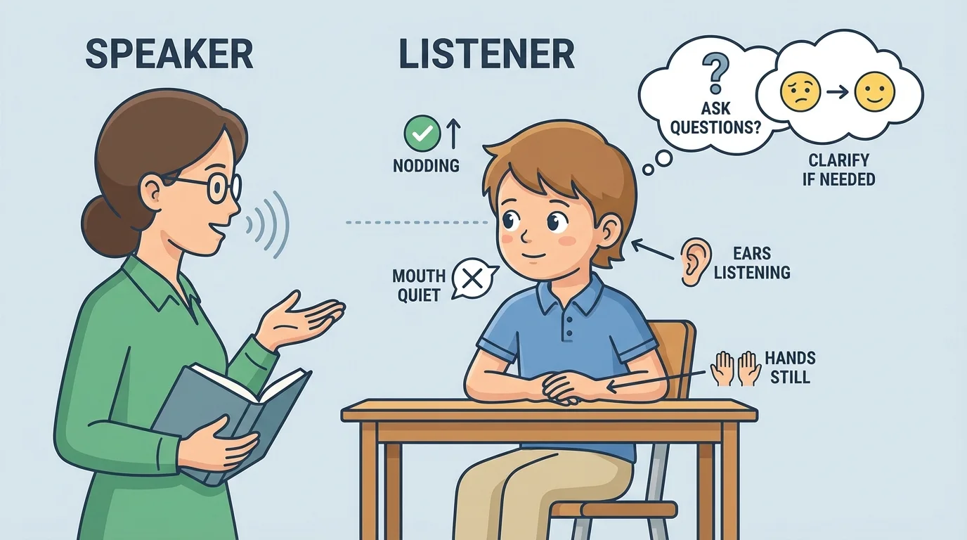 child showing listening body with eyes on speaker, ears listening, mouth quiet, hands still, and nodding