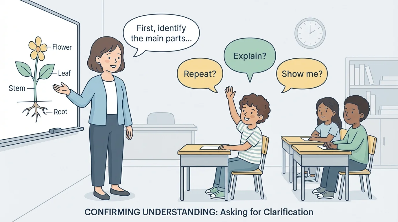 child raising a hand while a teacher gives directions, with simple speech bubbles showing repeat, explain, and show me