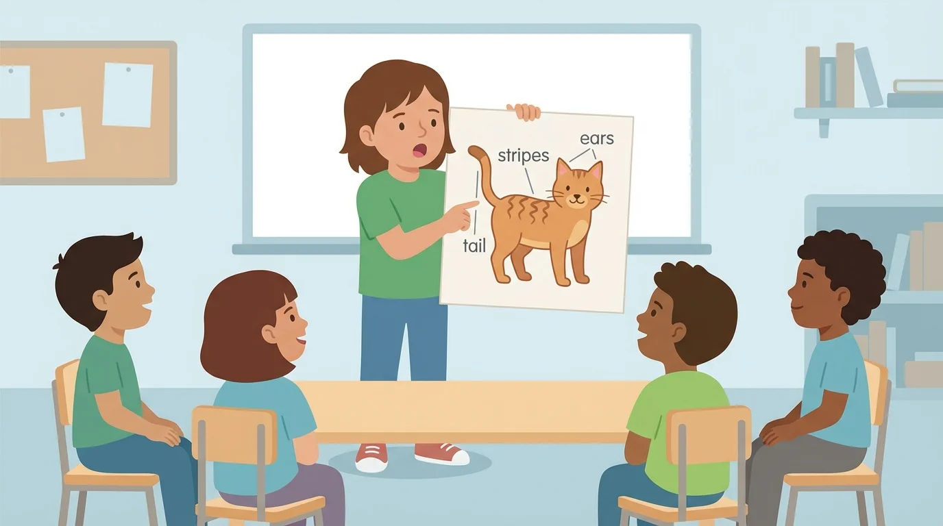 Child showing a drawing of a cat with labels for ears, tail, and stripes while speaking to classmates