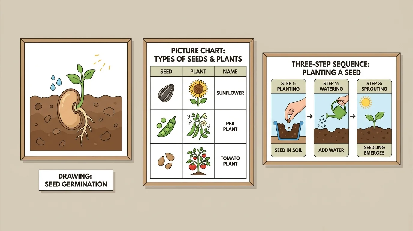 Simple classroom display with one drawing, one picture chart, and a three-step picture sequence about planting a seed