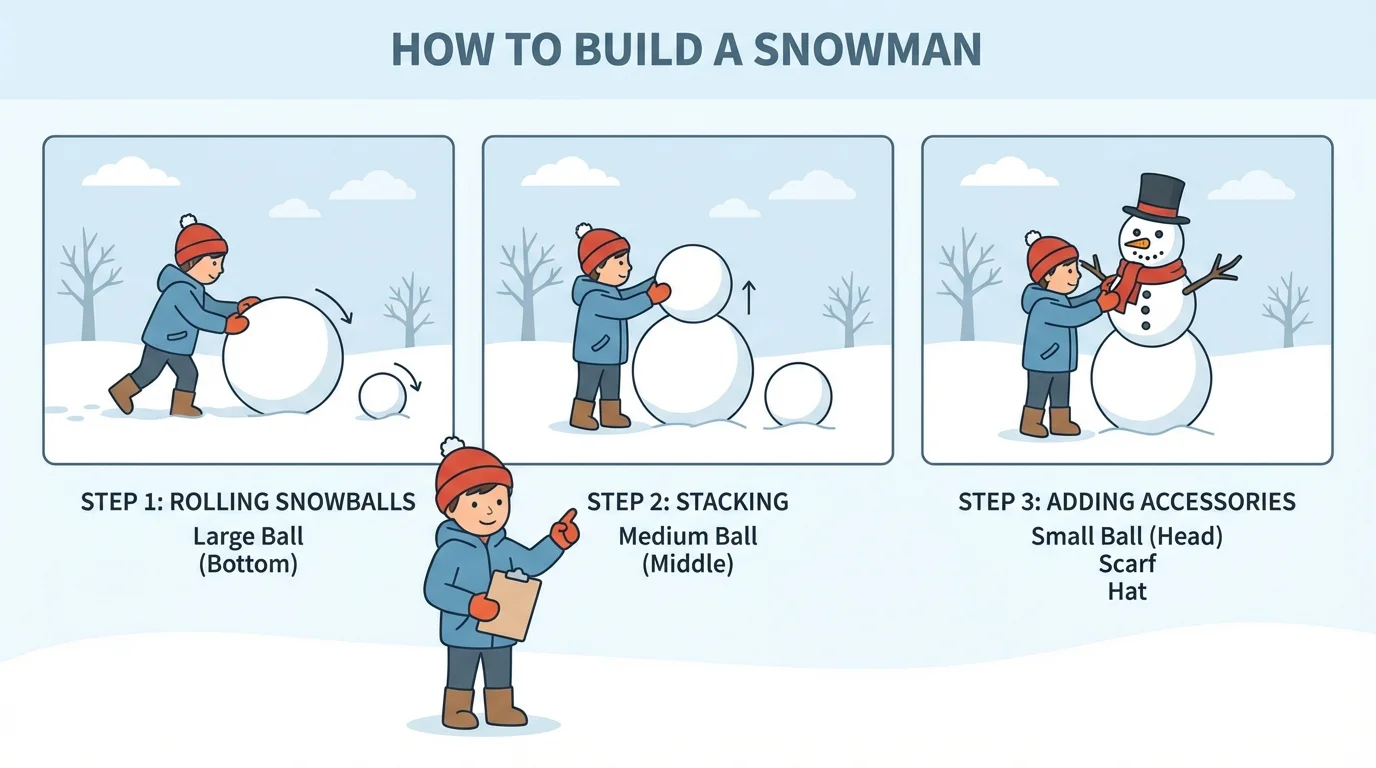 Child using three pictures to tell how a snowman is built: rolling snow, stacking snowballs, adding scarf and hat