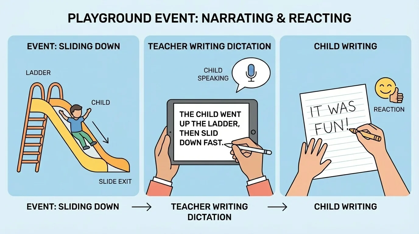 one playground slide event shown as a picture, teacher writing dictated words, and child-written sentence
