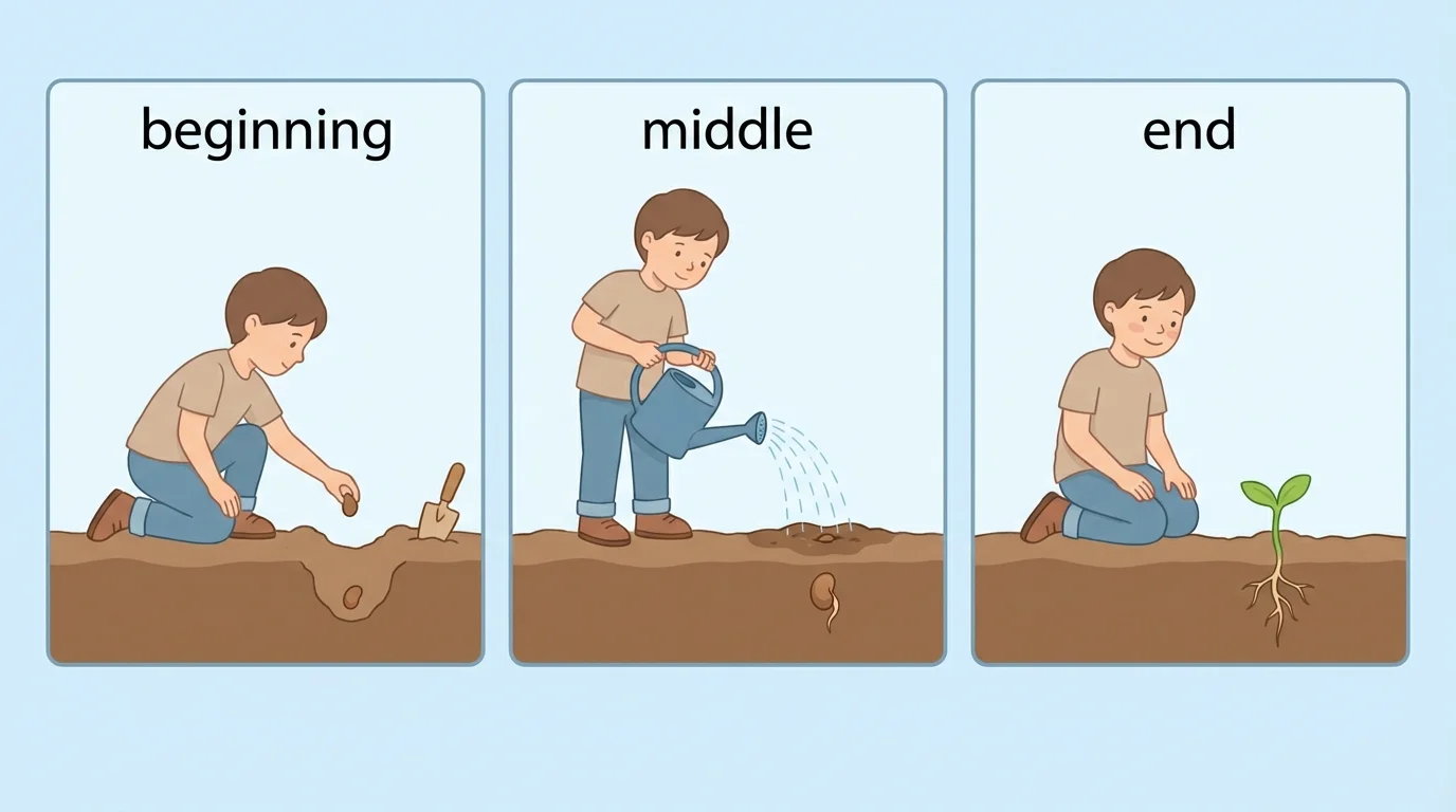 child planting a seed, watering it, then smiling at a sprout in three panels labeled beginning, middle, end