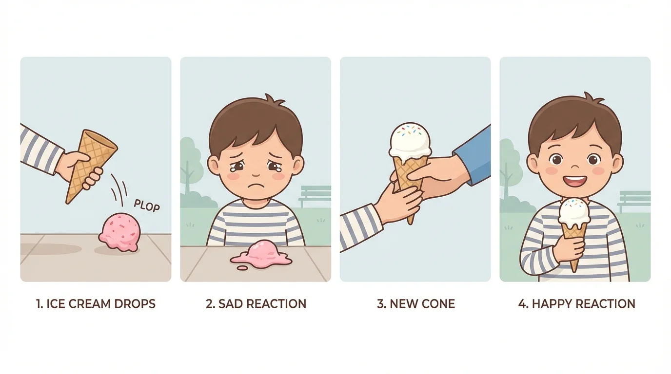 child drops ice cream, then looks sad, with final panel showing a new cone and a happy face