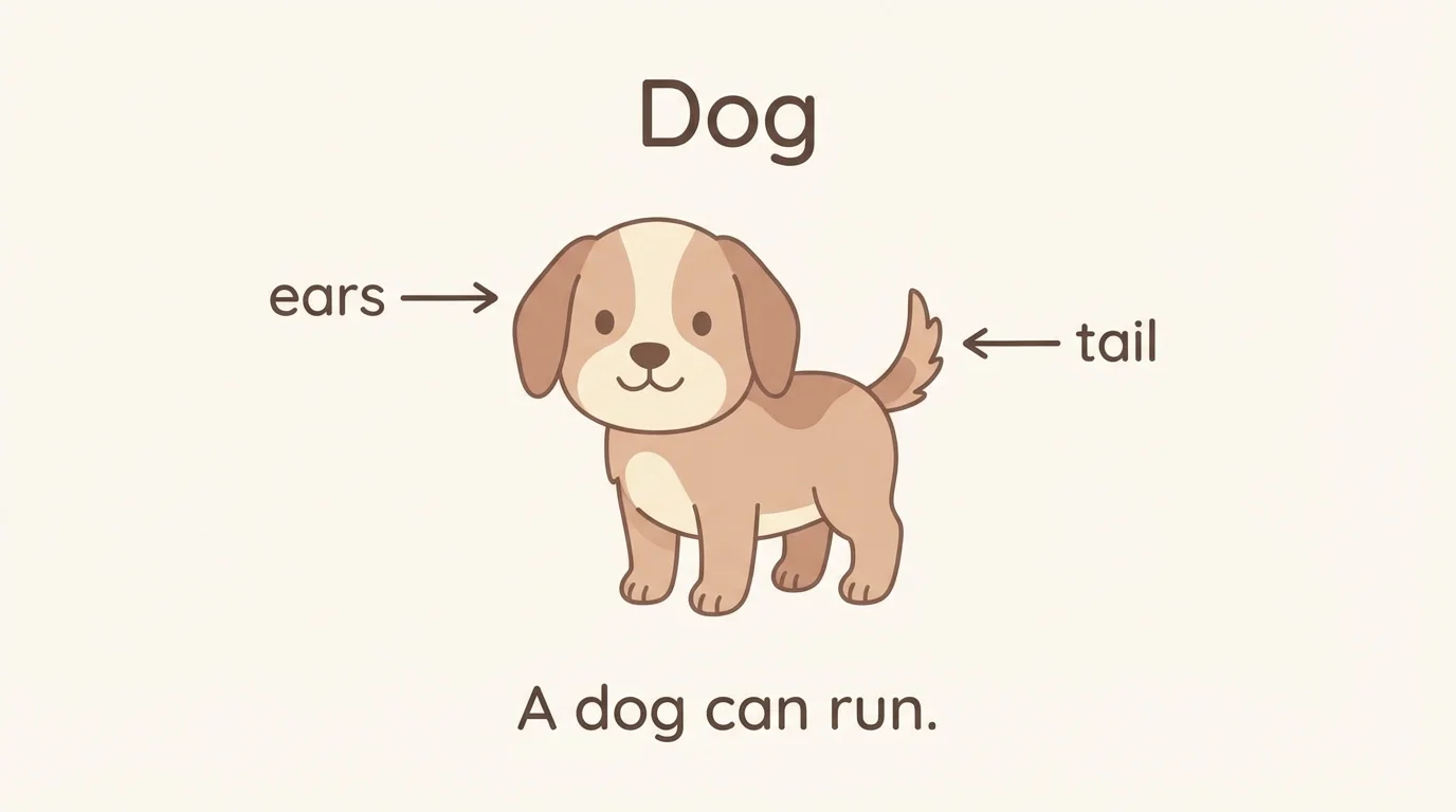 child-style informational page about a dog showing a simple dog drawing, title 'Dog', labels 'ears' and 'tail', and the sentence 'A dog can run.'