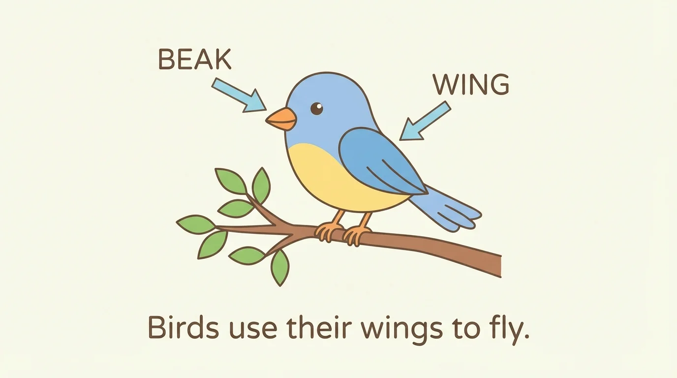 kindergarten informational page about a bird with a drawing, labels for beak and wing, and one simple sentence underneath