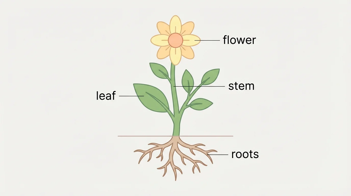 labeled drawing of a plant with short labels flower, stem, leaf, and roots