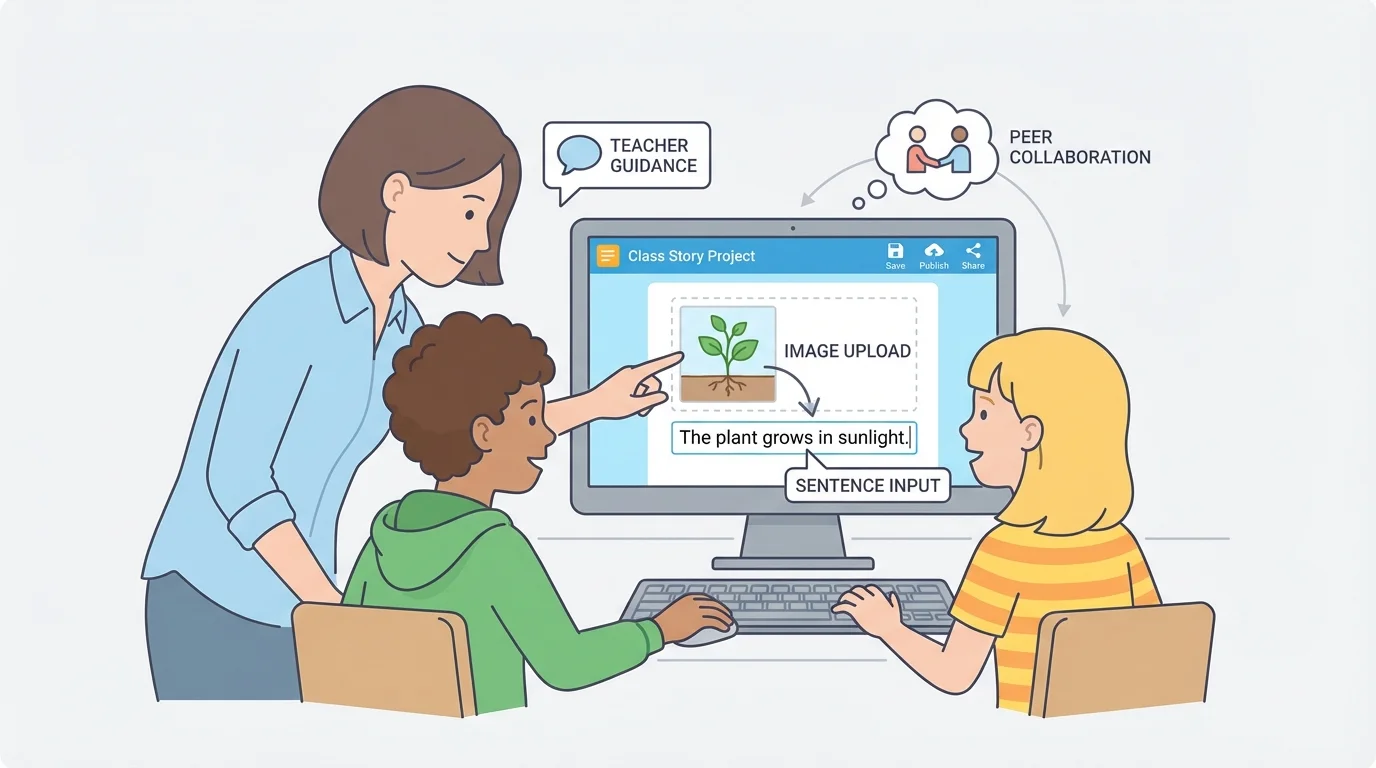 two children taking turns adding a picture and a sentence on one computer while a teacher helps