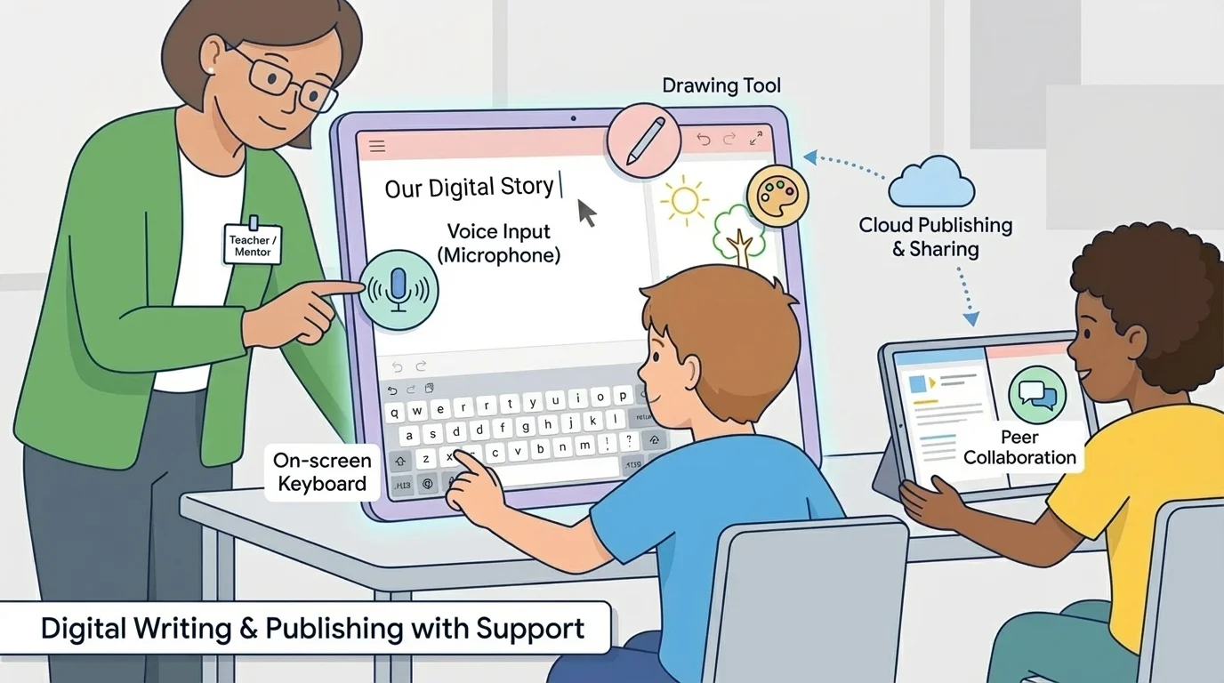 child using a tablet with on-screen keyboard, microphone icon, drawing tool, and teacher nearby