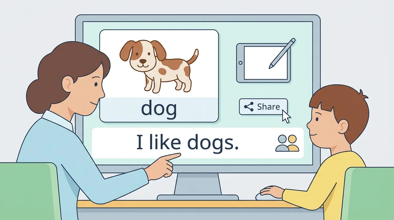 screen showing a drawing of a dog, label 'dog', and a simple sentence 'I like dogs' with adult support