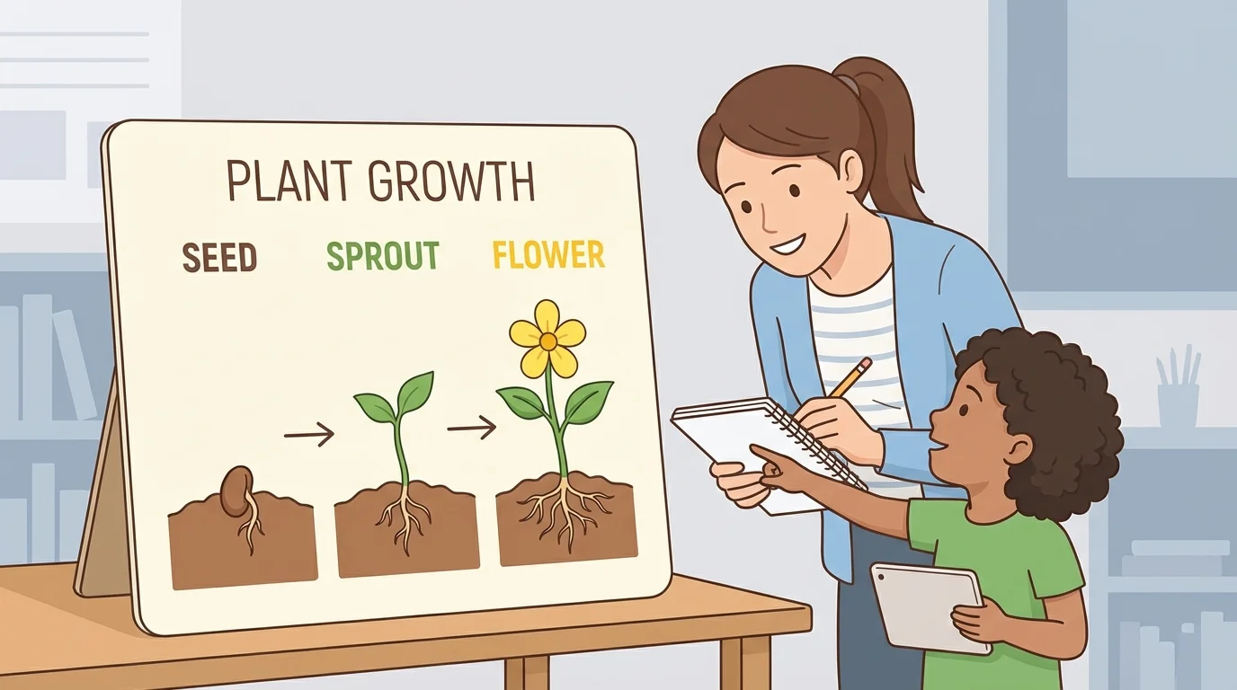 teacher and child examining a simple plant growth chart with labels seed, sprout, flower