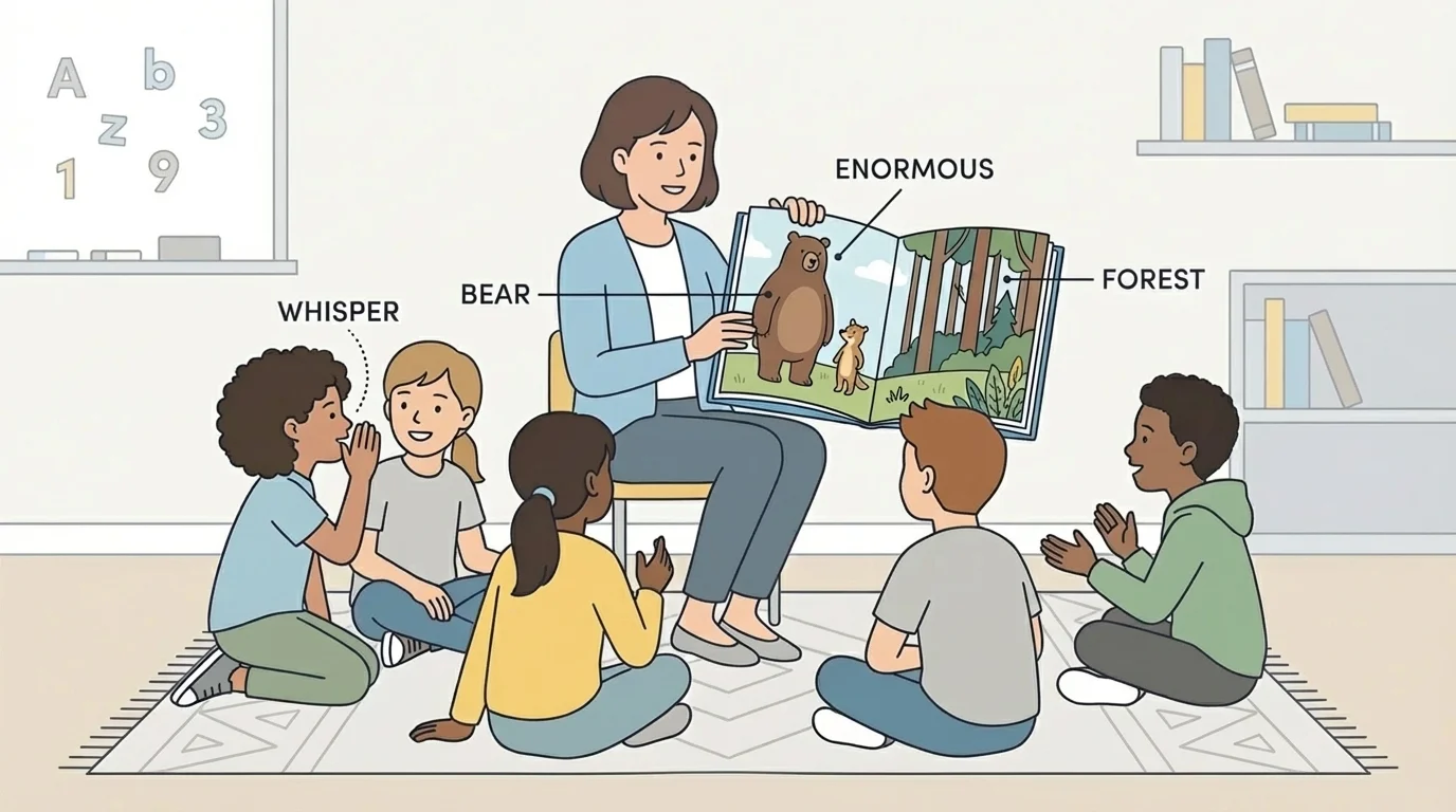 Teacher reading a picture book to children, with simple labels near picture clues such as bear, enormous, whisper, and forest