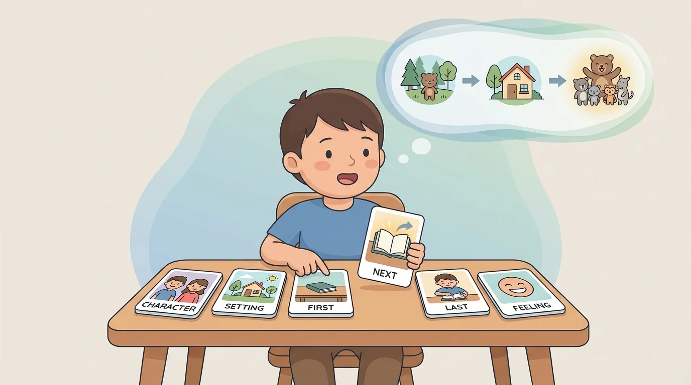 Child speaking about a story with picture cards labeled character, setting, first, next, last, and feeling