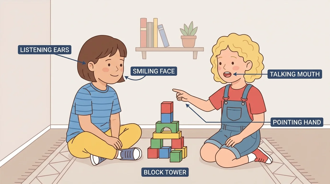 Two kindergarten children talking while one points to a block tower, with labels for listening ears, talking mouth, smiling face, and pointing hand