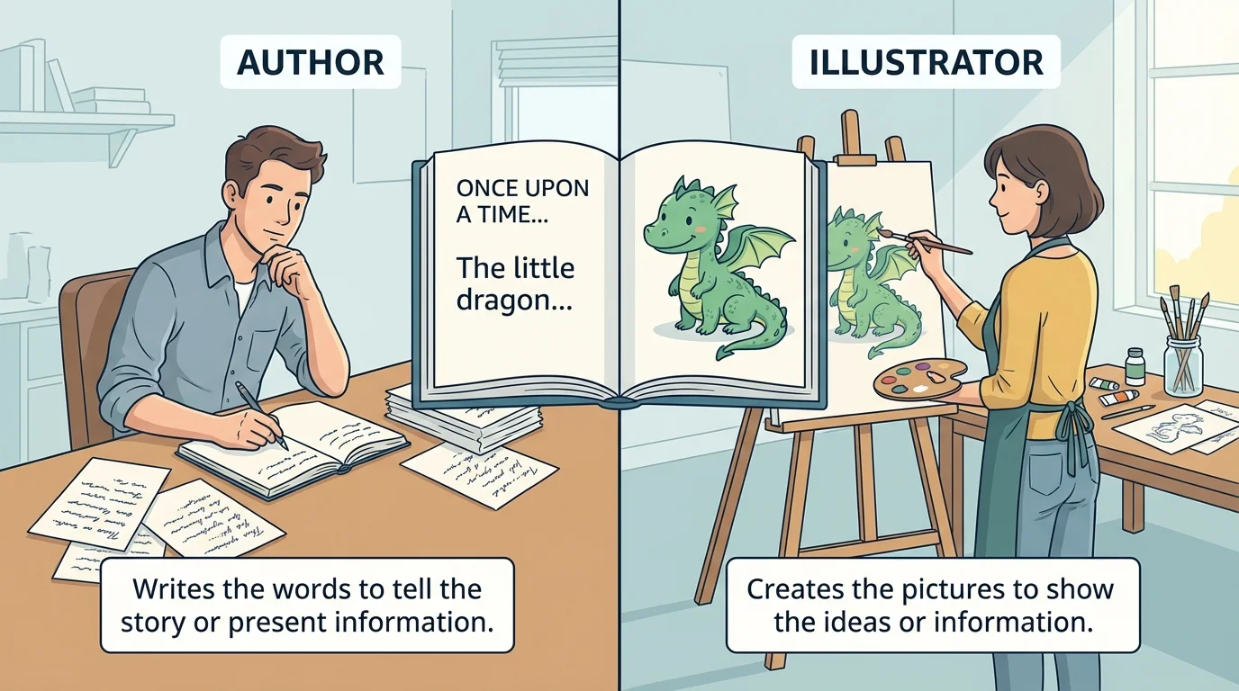 split scene showing one person writing words for a children's book and another person drawing matching pictures for the same book