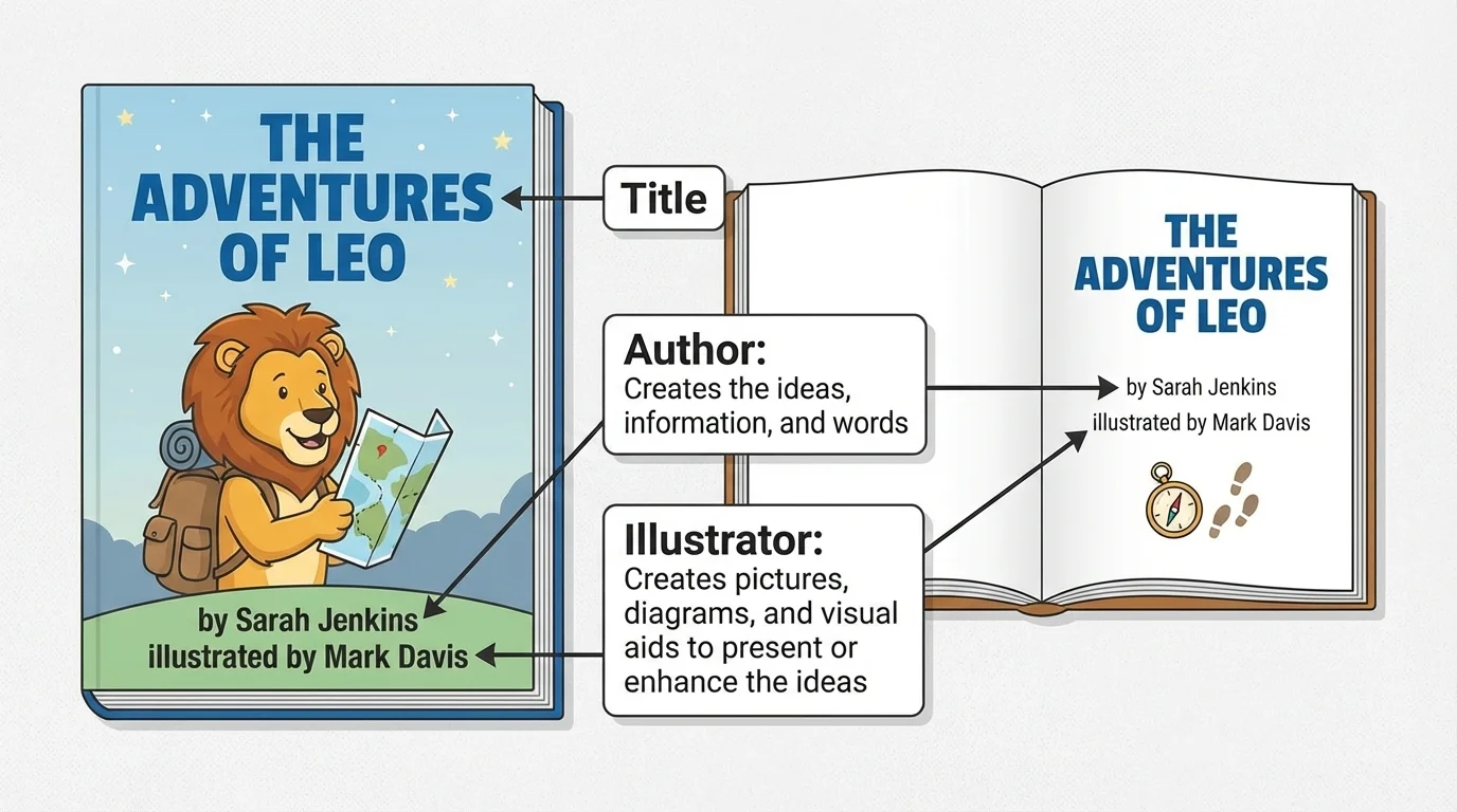 children's book cover and open title page labeled with title, author name after "by," and illustrator name after "illustrated by"