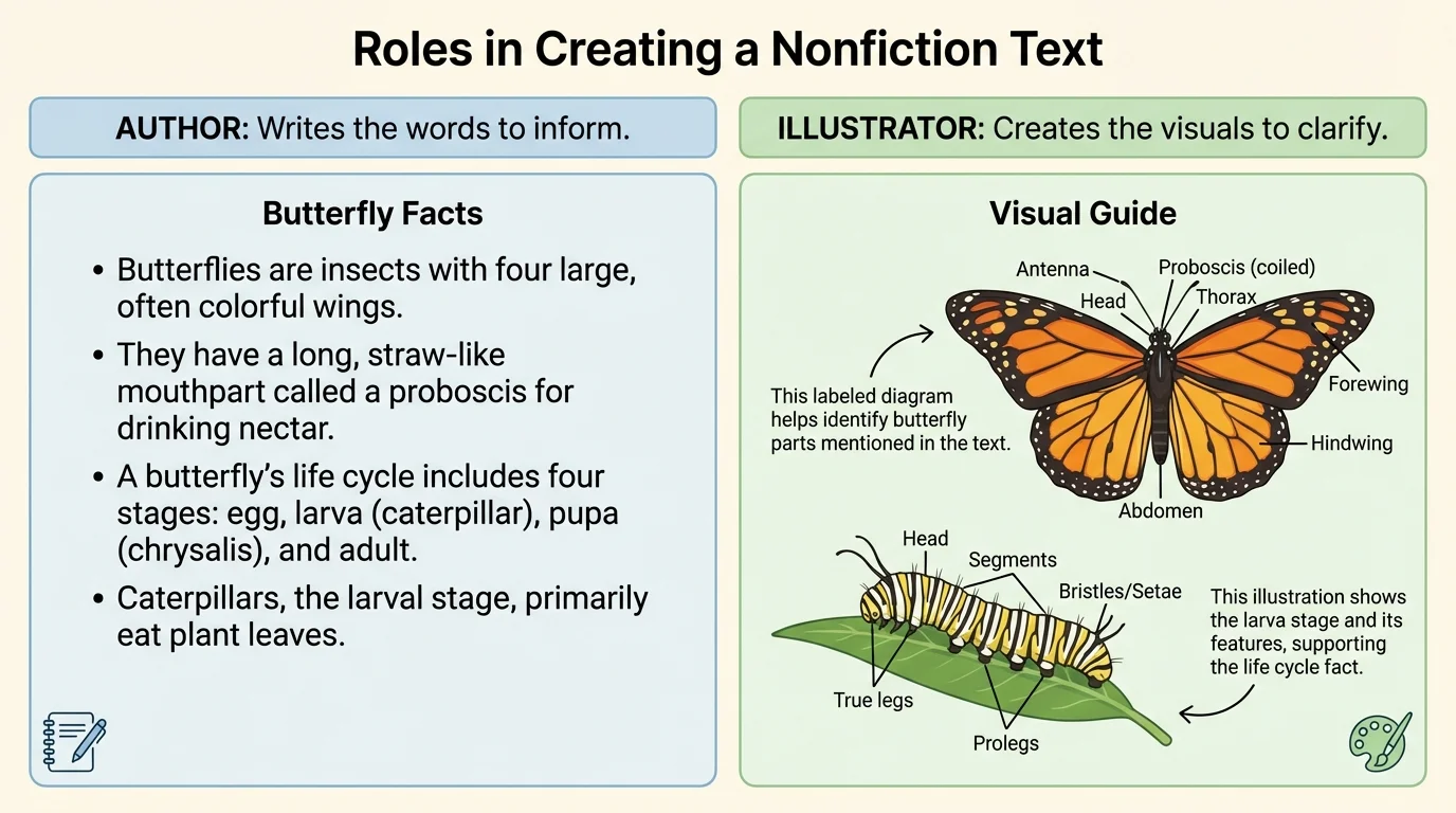 simple nonfiction page about butterflies with short fact sentences on one side and a labeled butterfly and caterpillar picture on the other