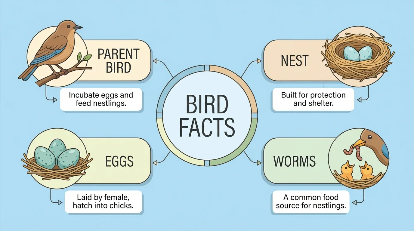 Simple bird facts chart with a parent bird, nest, eggs, and worms, showing facts that belong to one topic