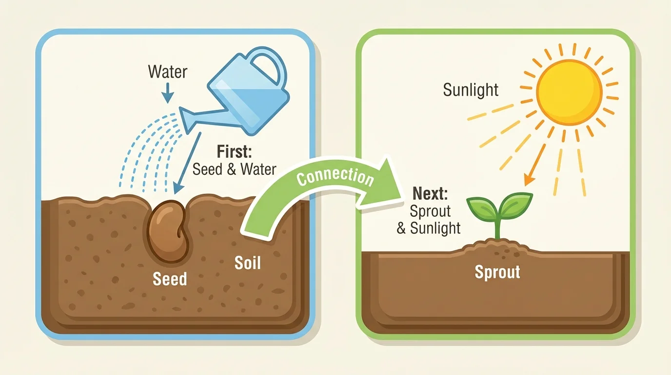 Seed in soil being watered, then small sprout growing in sunlight, arrows showing first and next