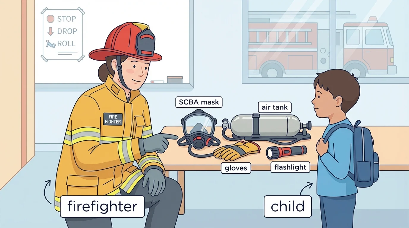 Child and firefighter during a safety lesson, firefighter pointing to safety gear, simple labels 'firefighter' and 'child'