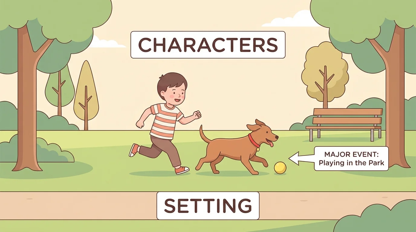 child and dog at a park, both shown clearly as story characters running and playing with a ball