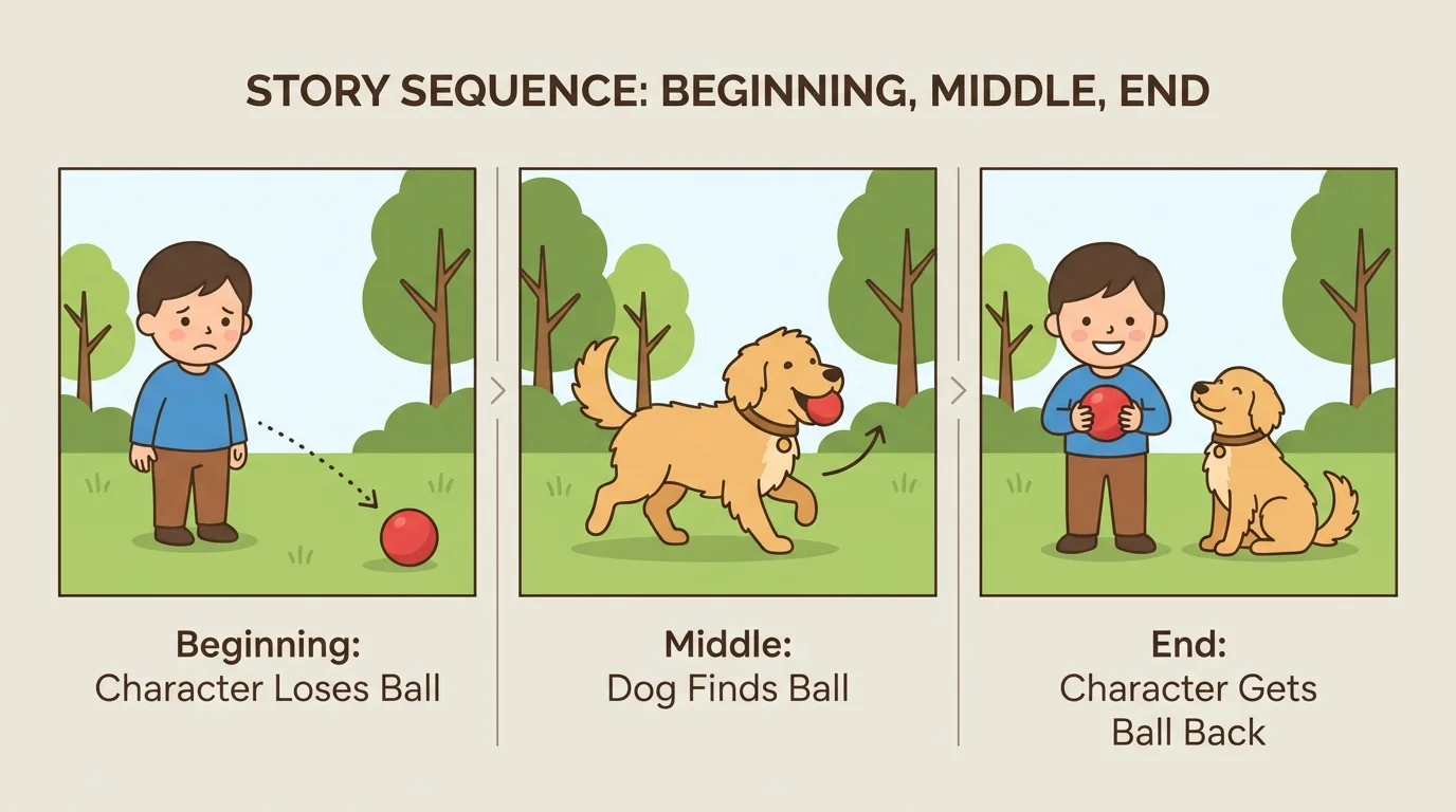three-part story sequence showing child loses ball, dog finds ball, child gets ball back and smiles