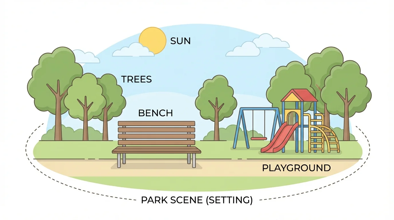 park scene in daytime with sun, trees, bench, playground, and open sky to show where and when a story happens