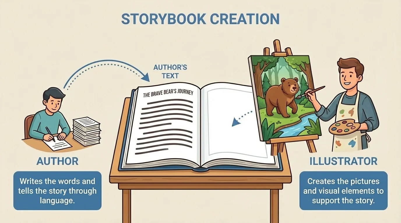 Illustrator painting a picture of a bear and a forest next to an open storybook page