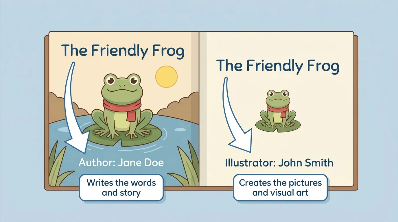 Simple children's book cover and title page with arrows pointing to author name and illustrator name