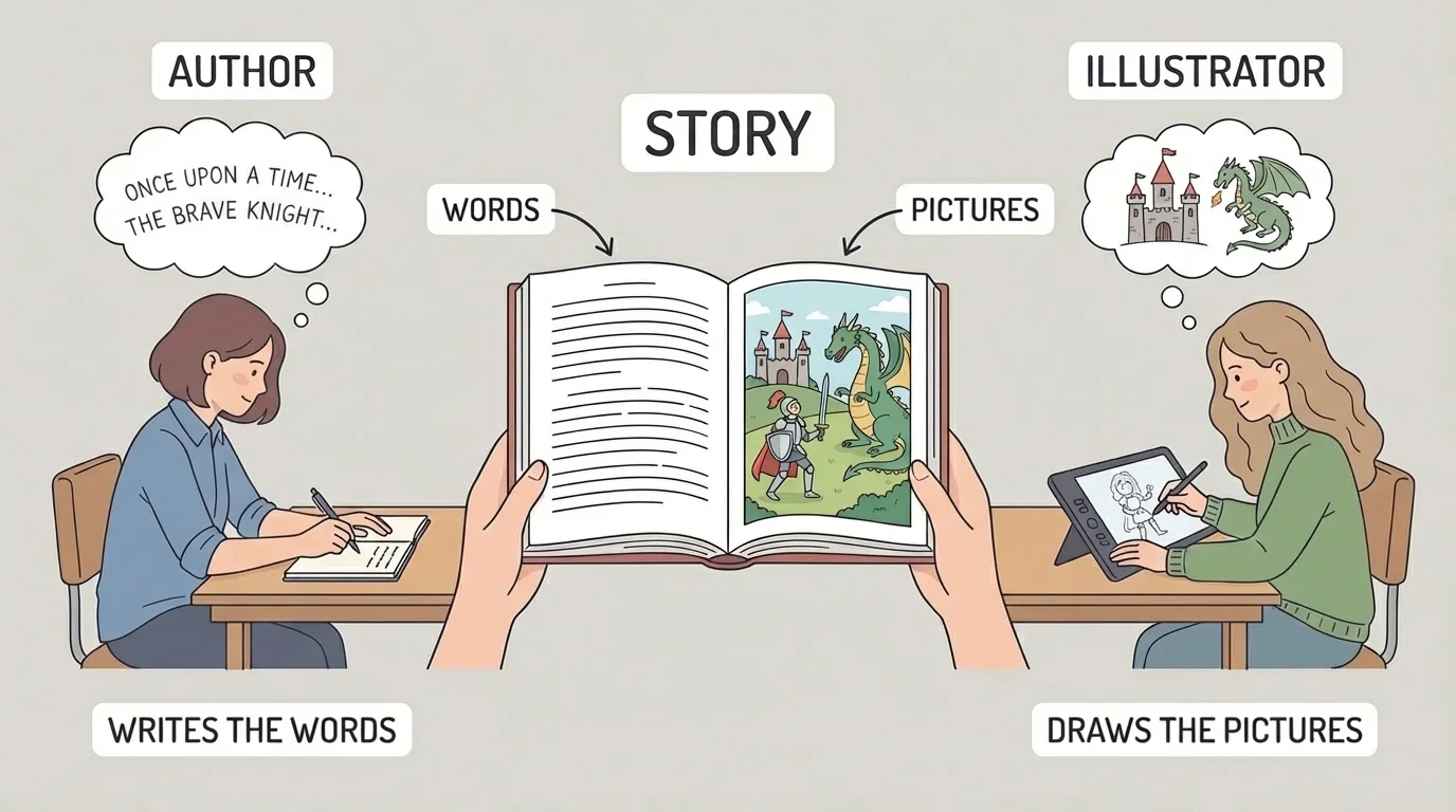 Adult author writing story words at a desk, with a simple open book showing lines of text and characters from the story