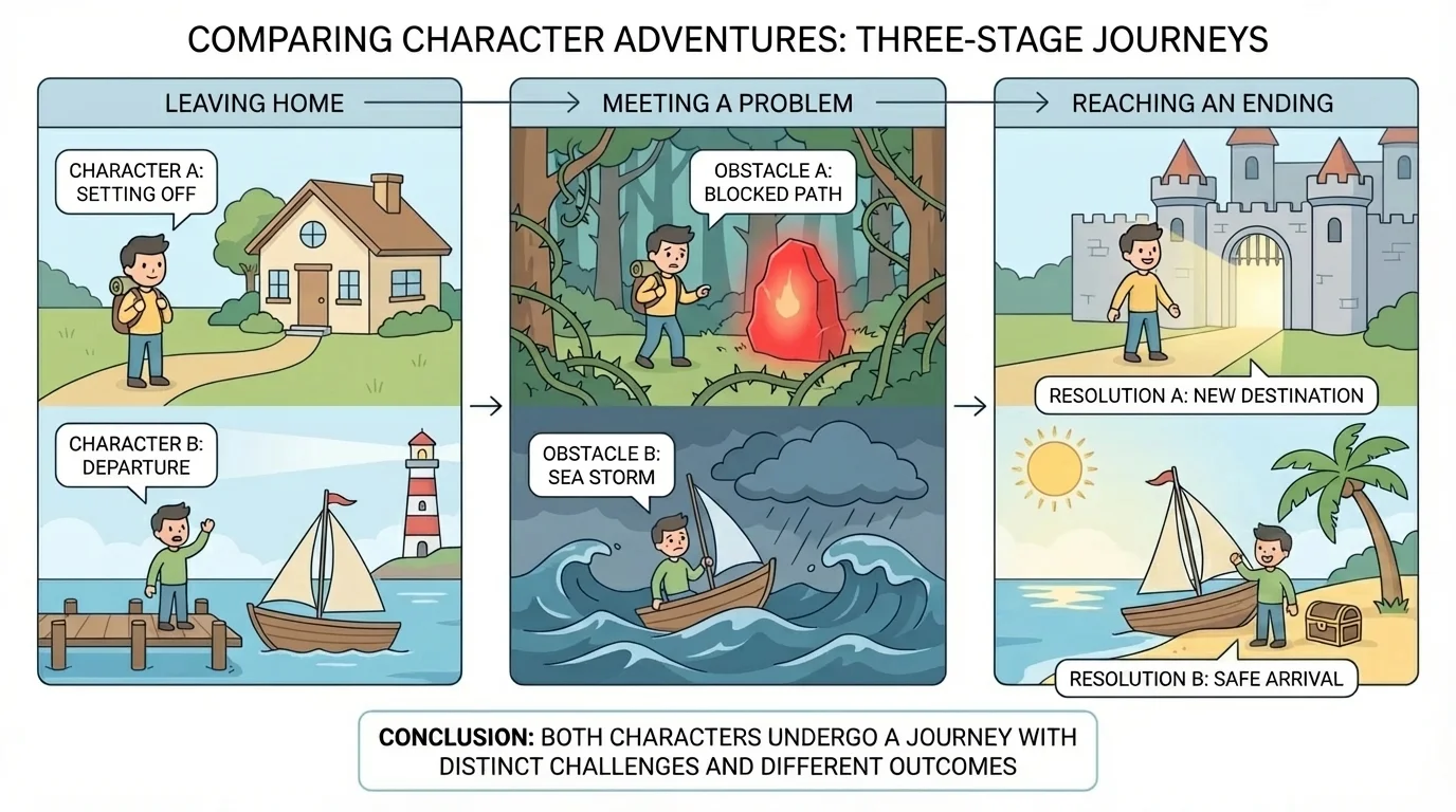 A story character leaving home, meeting a problem, and reaching an ending in three clear scenes
