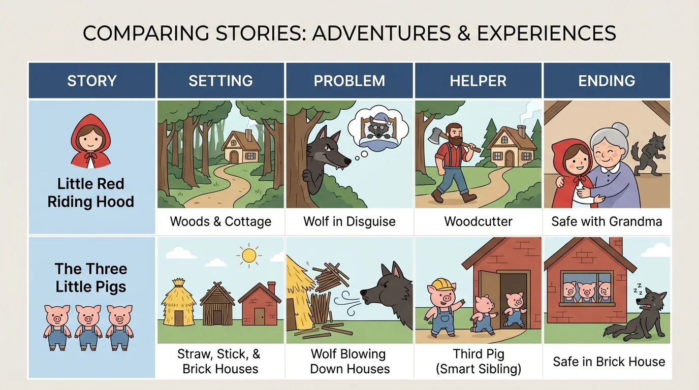 Comparison chart with Little Red Riding Hood and The Three Little Pigs showing setting, problem, helper, and ending