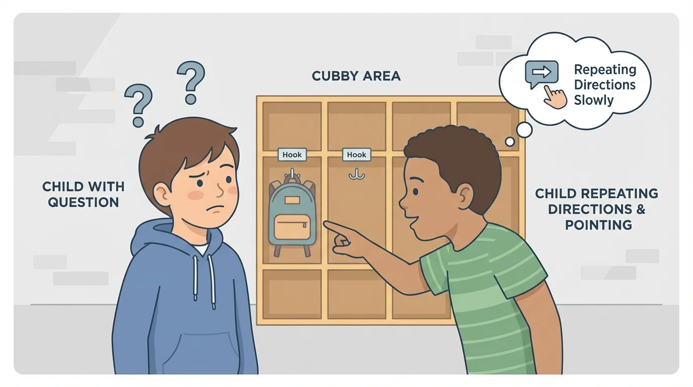 Child looking confused while another child repeats directions slowly and points to a cubby