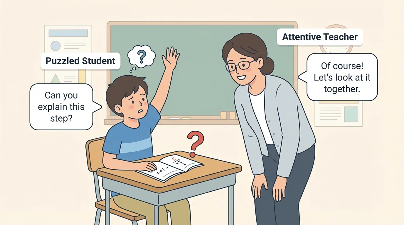 Child at school raising a hand and asking teacher for help with a puzzled face, teacher smiling and listening