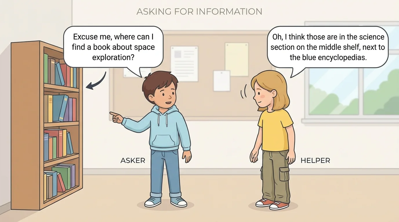 Two children talking, one speaking and pointing to a shelf while the other listens, looks, and nods