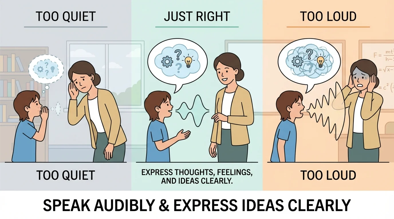 Child using three voice levels—too quiet, just right, too loud—while talking to a teacher in class