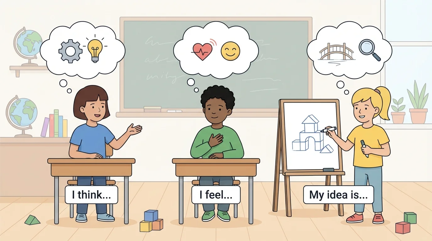 Three children giving examples—"I think…," "I feel…," and "My idea is…" with simple classroom scene cues