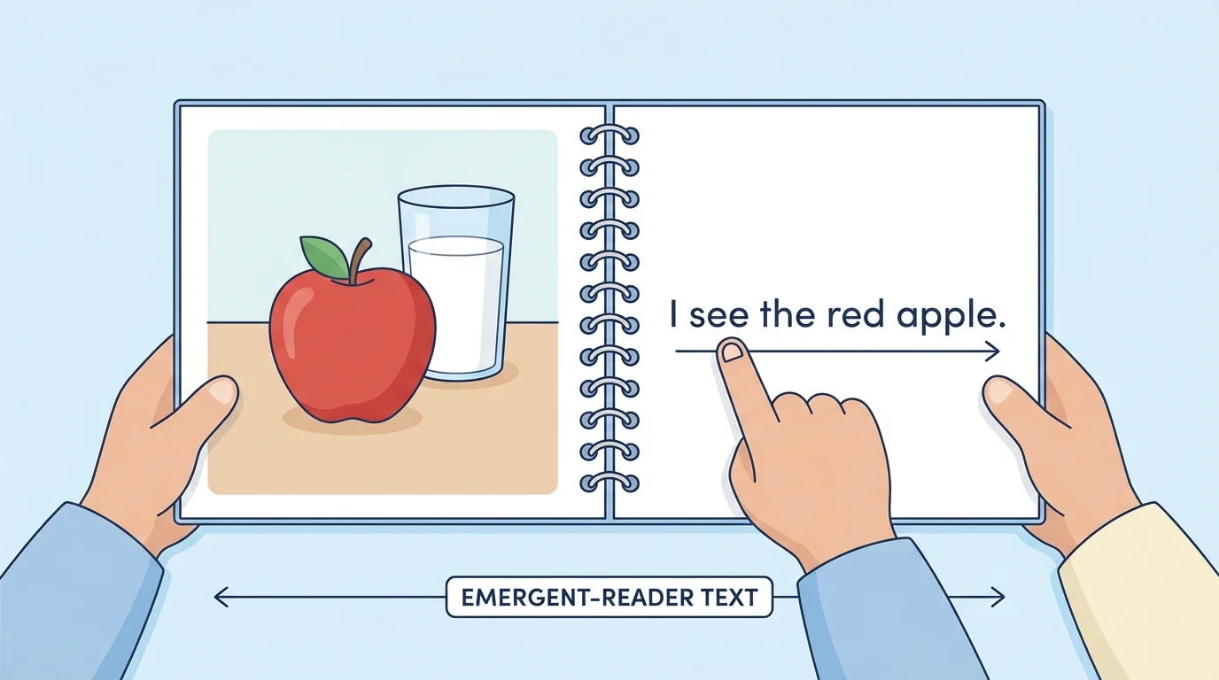 child reading a simple emergent-reader page with a large picture, one short patterned sentence, and a finger pointing under each word from left to right