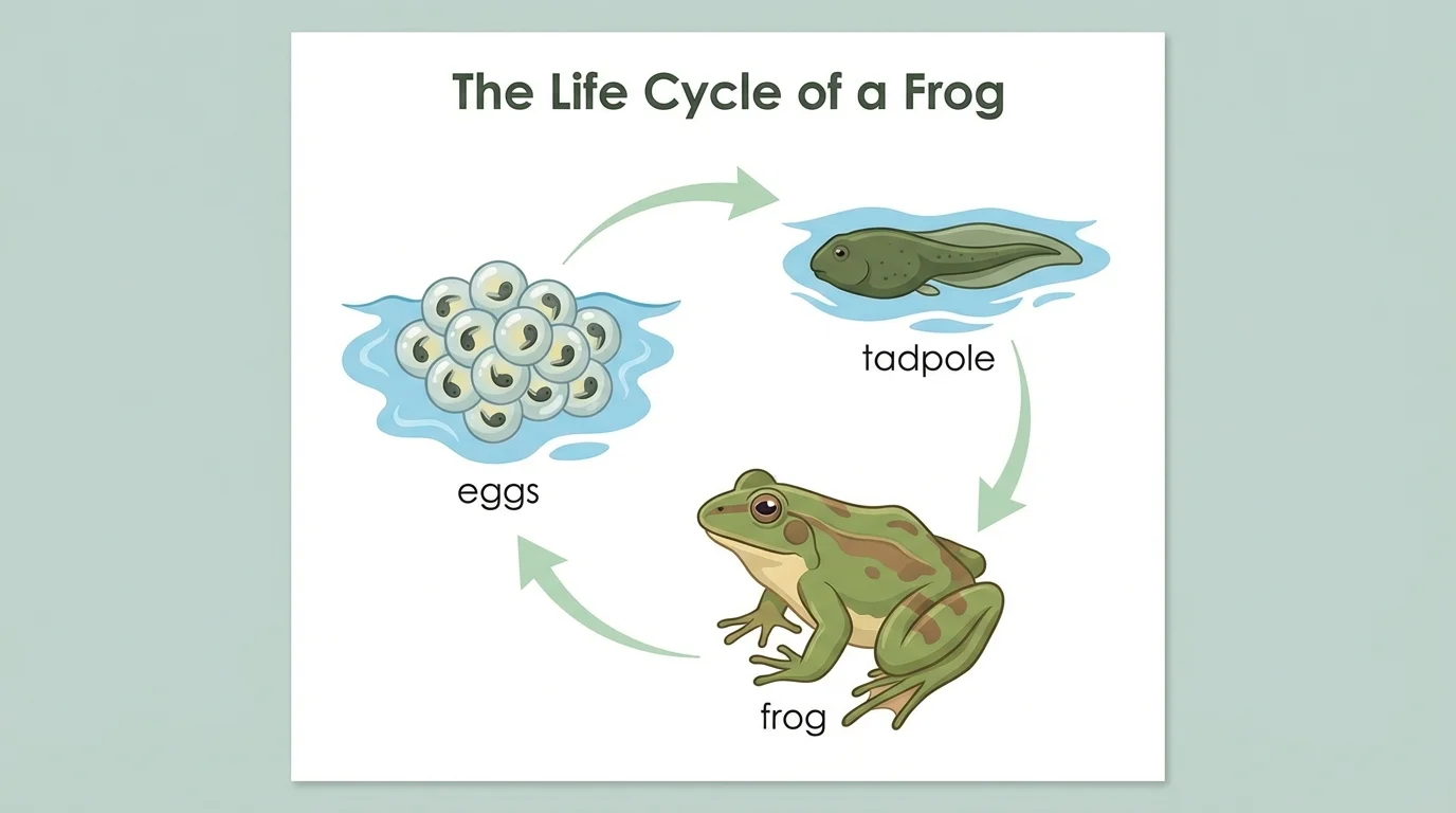 simple nonfiction book page about frog life cycle with a heading, a frog picture, and short labels eggs, tadpole, frog