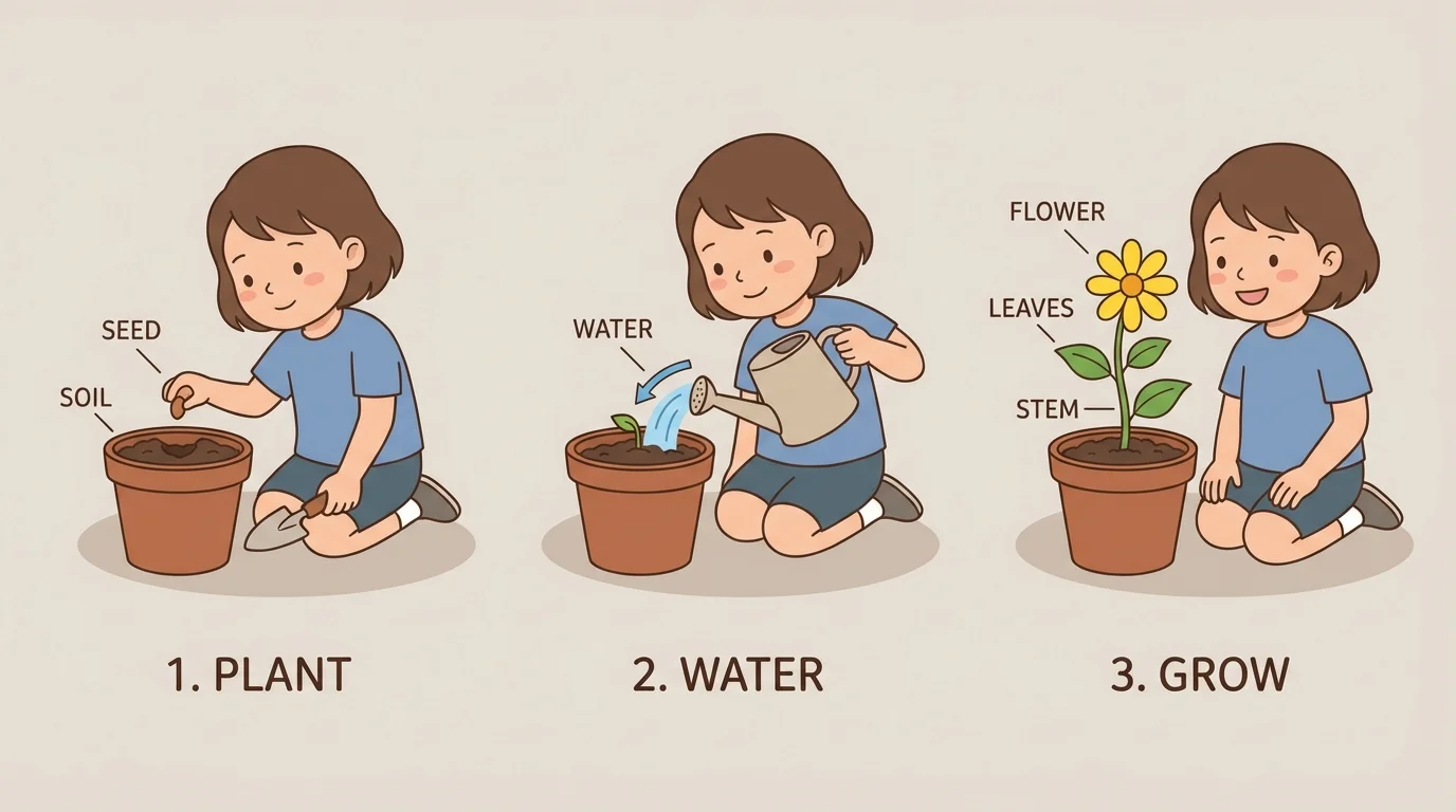 three-panel story sequence showing a child planting a seed, watering it, and later smiling at a grown flower