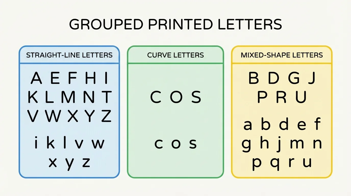 grouped printed letters showing straight-line letters, curve letters, and mixed-shape letters