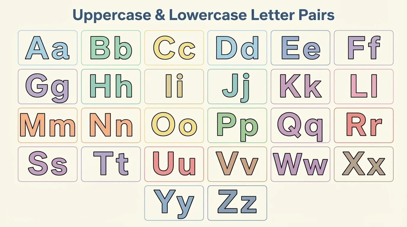 chart of matching uppercase and lowercase letter pairs such as A/a, B/b, C/c, M/m, S/s
